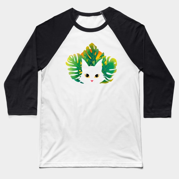 White Cat with Tropical Leaves in the Sunset Baseball T-Shirt by zorrorojo
